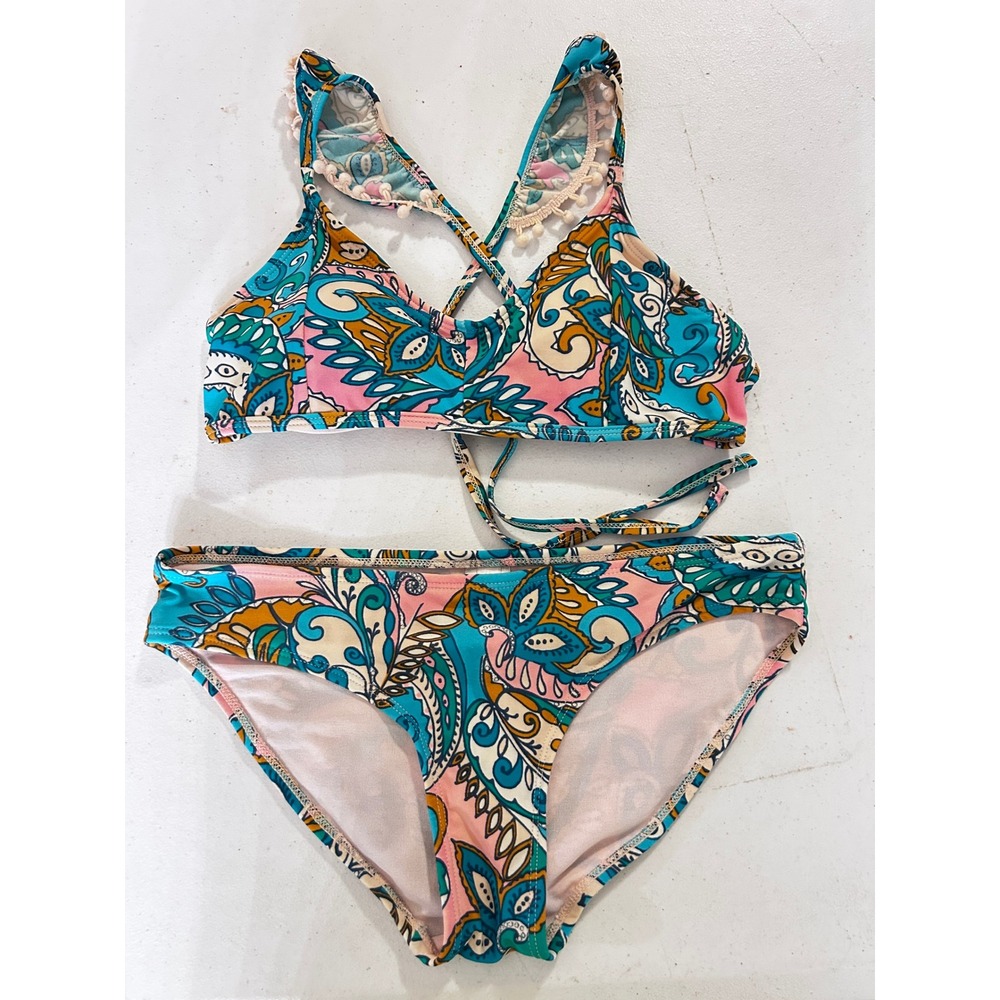 Teal Pink Paisley Bikini Set Two Piece Swimsuit Boho Tie Back SMALL - Picture 3 of 5